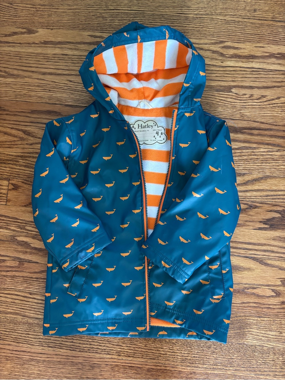 Hatley Teal Whale Rain Jacket with Orange Stripe Lining